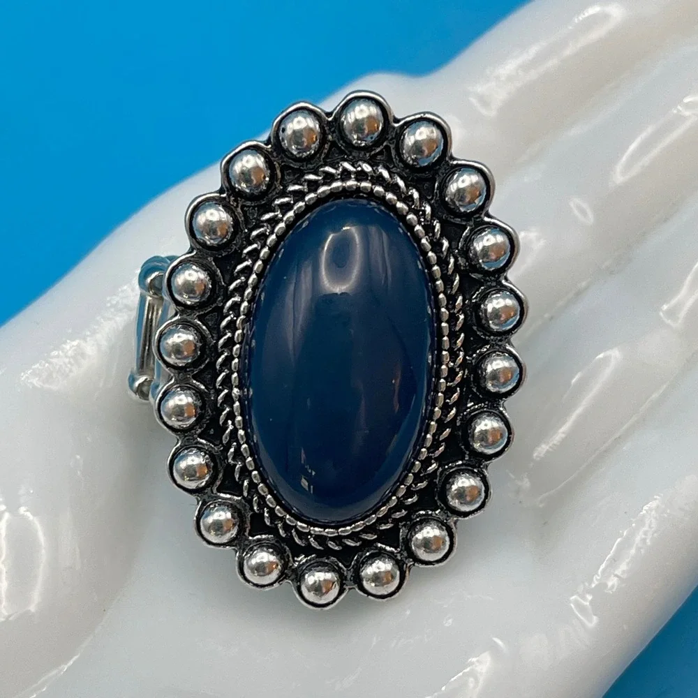 Blue Oval Silver Tone Stretch Ring Boho Western Statement Festival Jewelry - Picture 2 of 5